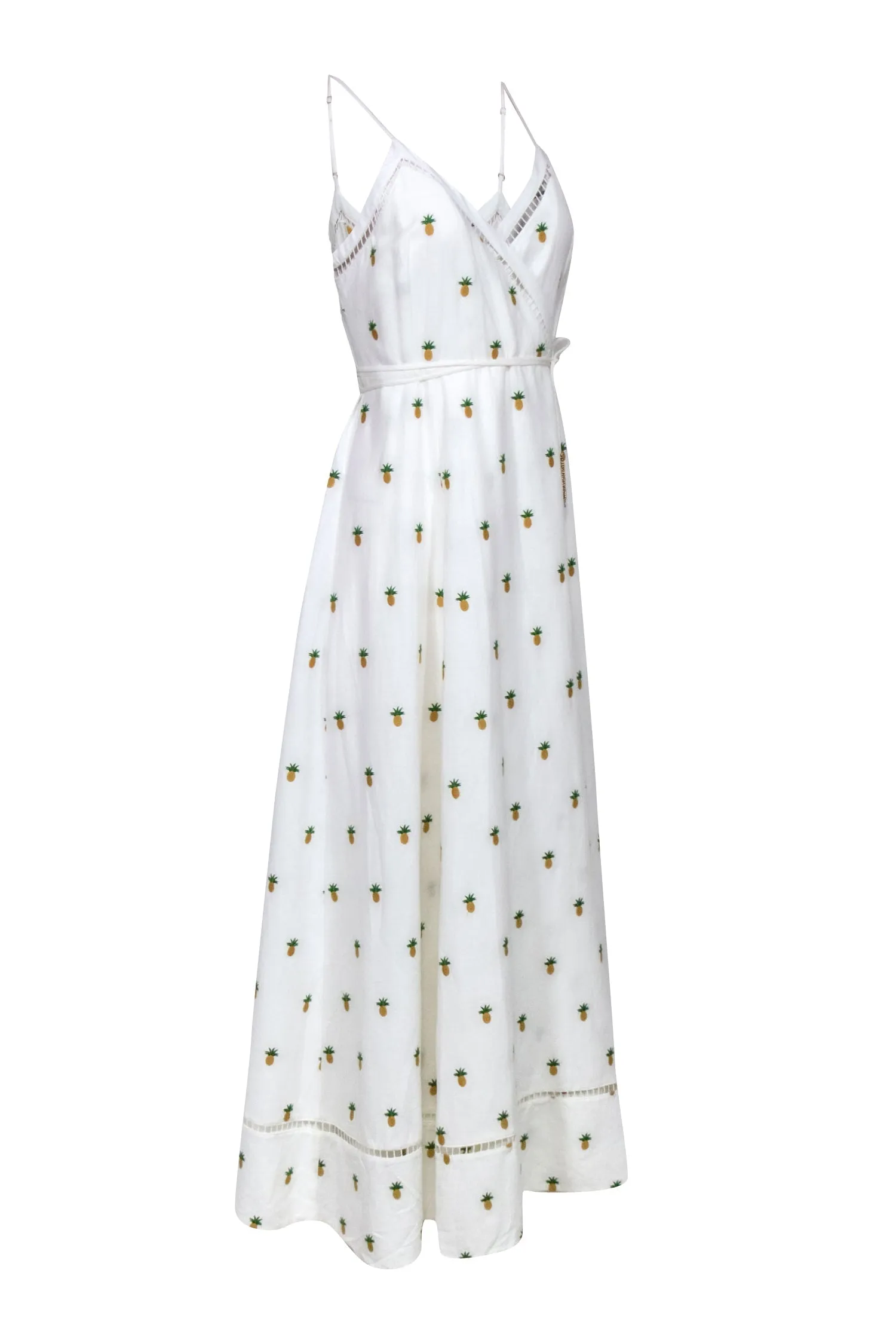 Farm - White Linen Blend Wrap Sleeveless Maxi Dress Embroidered w/ Pineapples Sz L