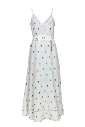 Farm - White Linen Blend Wrap Sleeveless Maxi Dress Embroidered w/ Pineapples Sz L