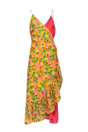 Farm - Yellow & Pink Color Block Chili Pepper Sleeveless Wrap Dress Sz XL