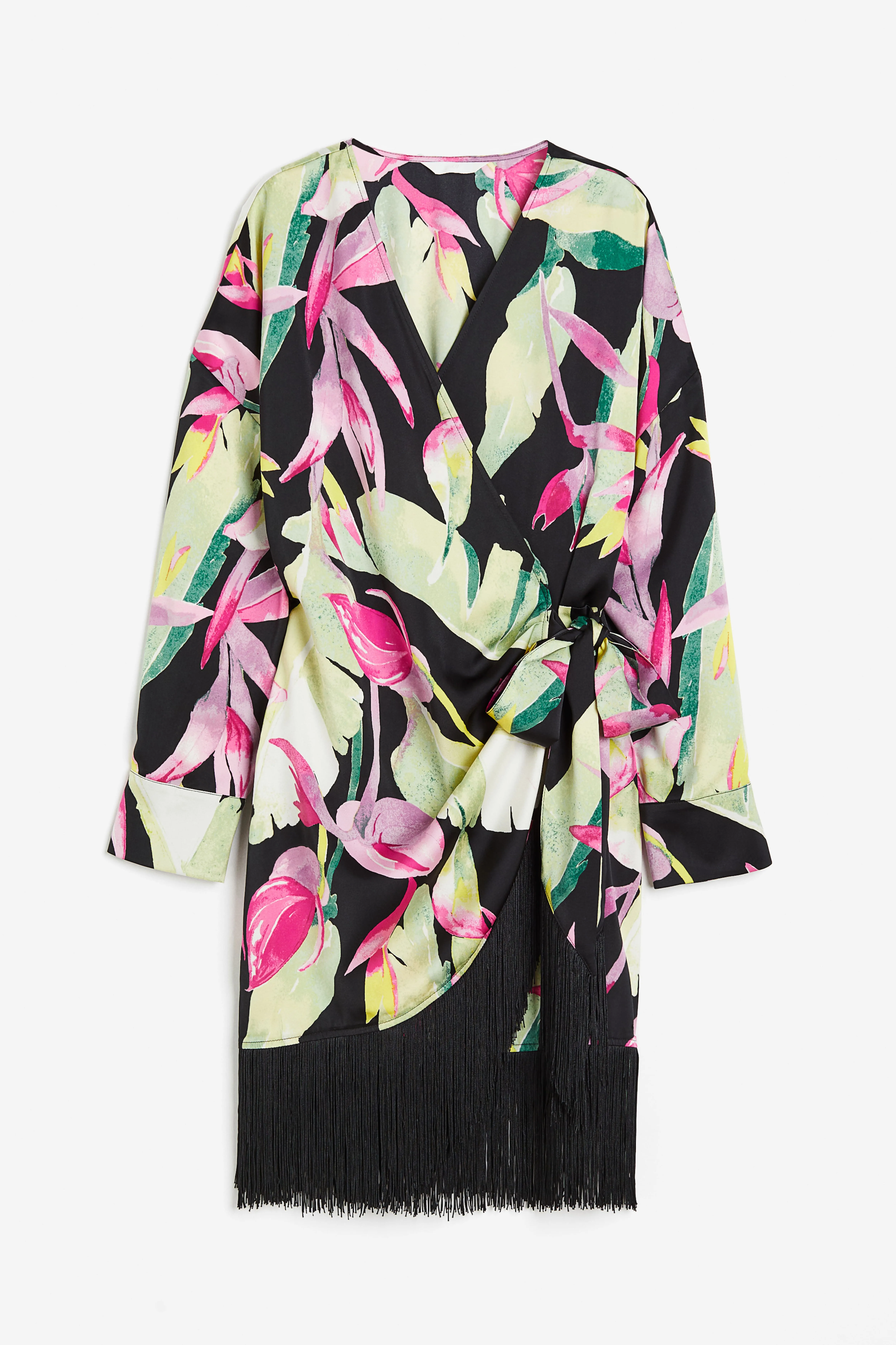 Fringe-trimmed satin wrap dress - V-neck - Long sleeve - Black/Tropical flowers - Ladies | H&M GB