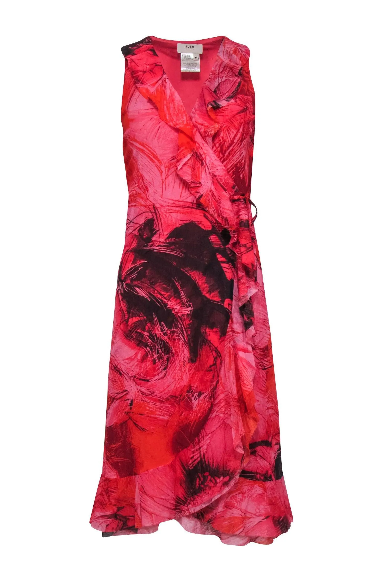 Fuzzi - Coral & Red Print Ruffle Trim Sleeveless Wrap Dress Sz M