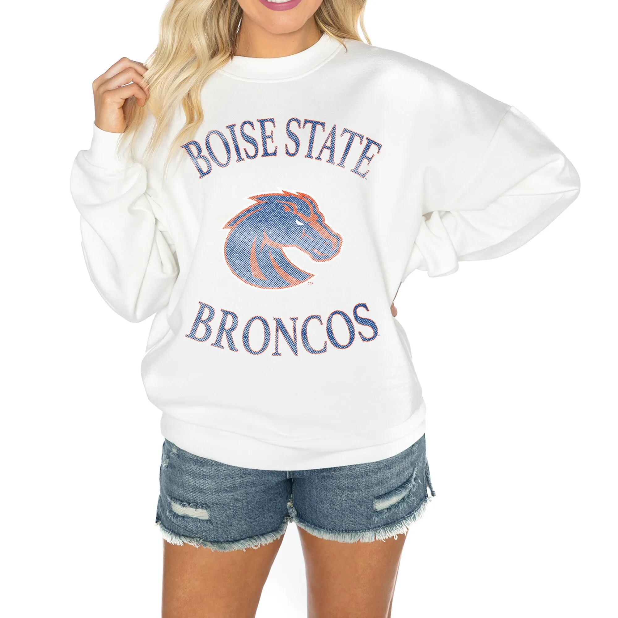 Gameday Couture Boise State Broncos Women's White Good Vibes Premium Fleece Drop Shoulder Pullover Sweatshirt