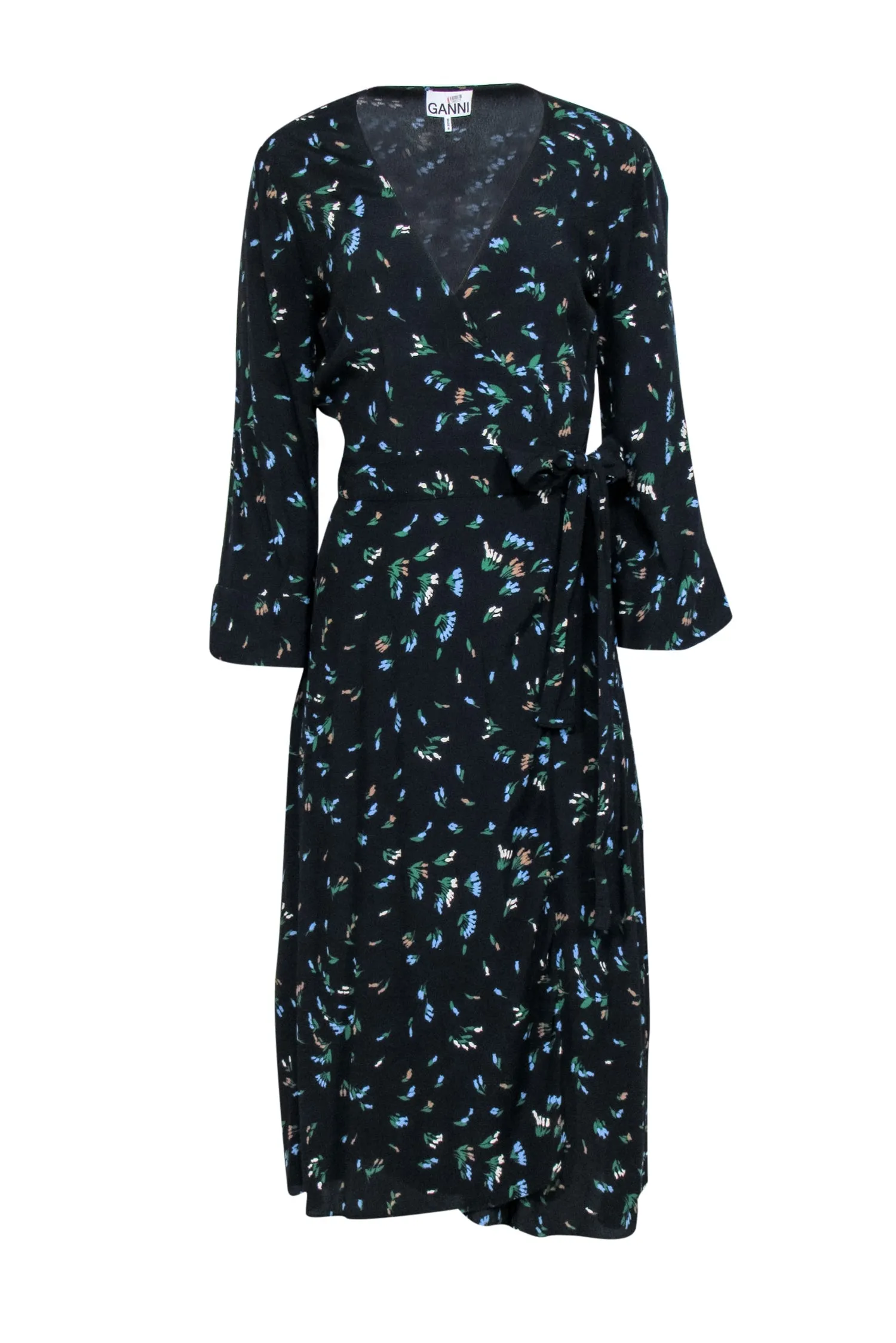 Ganni - Black Floral Long Sleeve Maxi Wrap Dress Sz 6