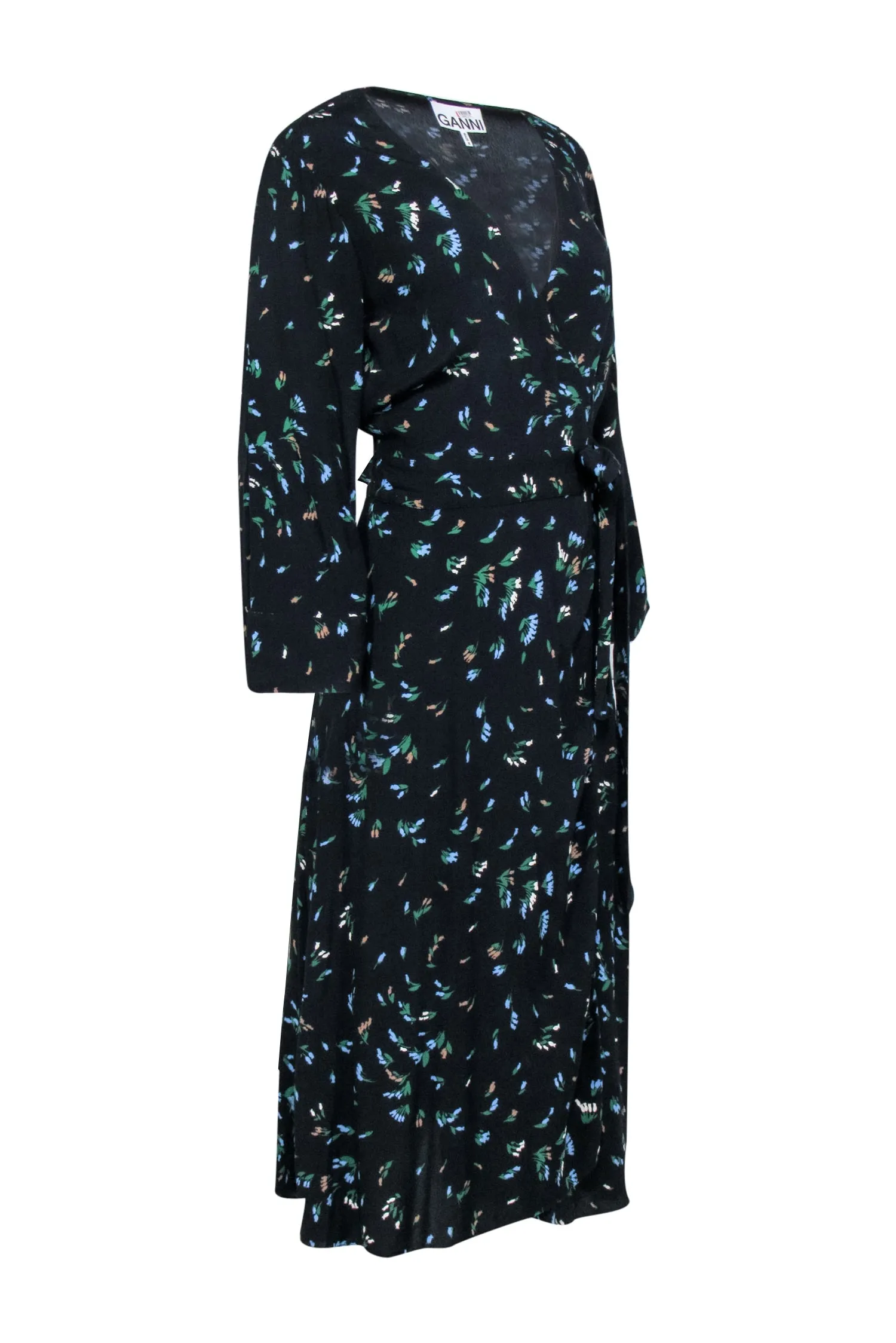 Ganni - Black Floral Long Sleeve Maxi Wrap Dress Sz 6