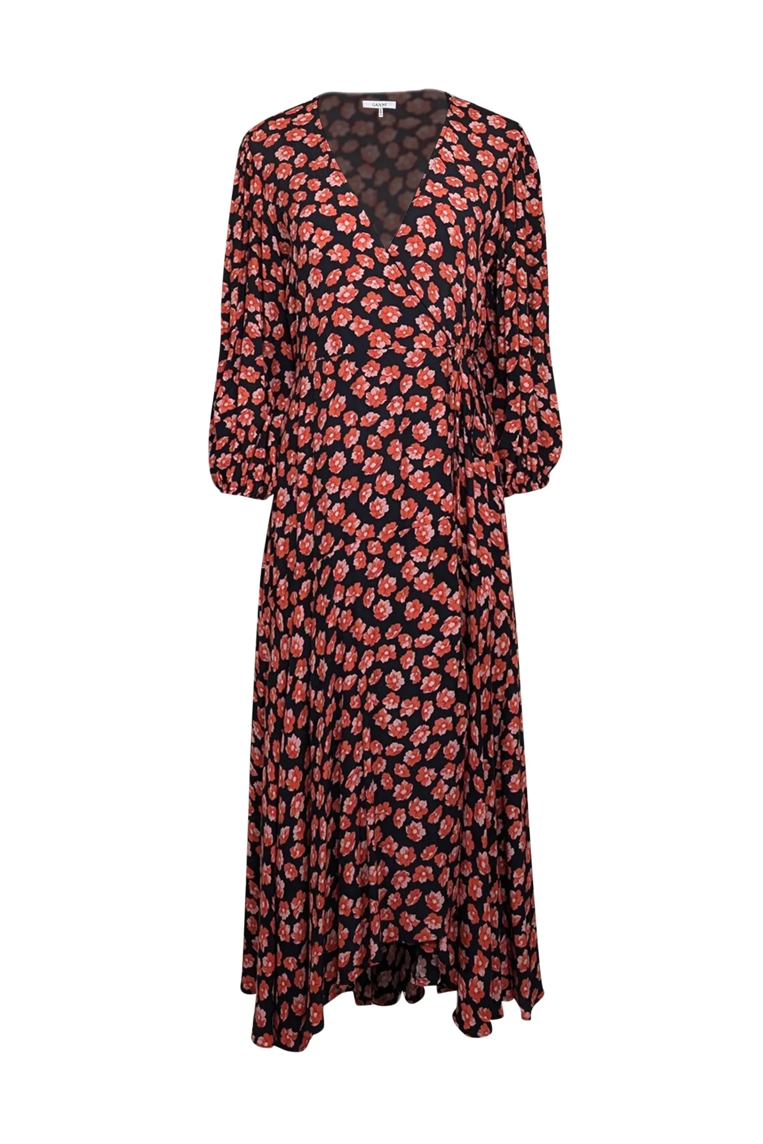 Ganni - Black w/ Pink & Orange Floral Print Maxi Wrap Dress Sz 8