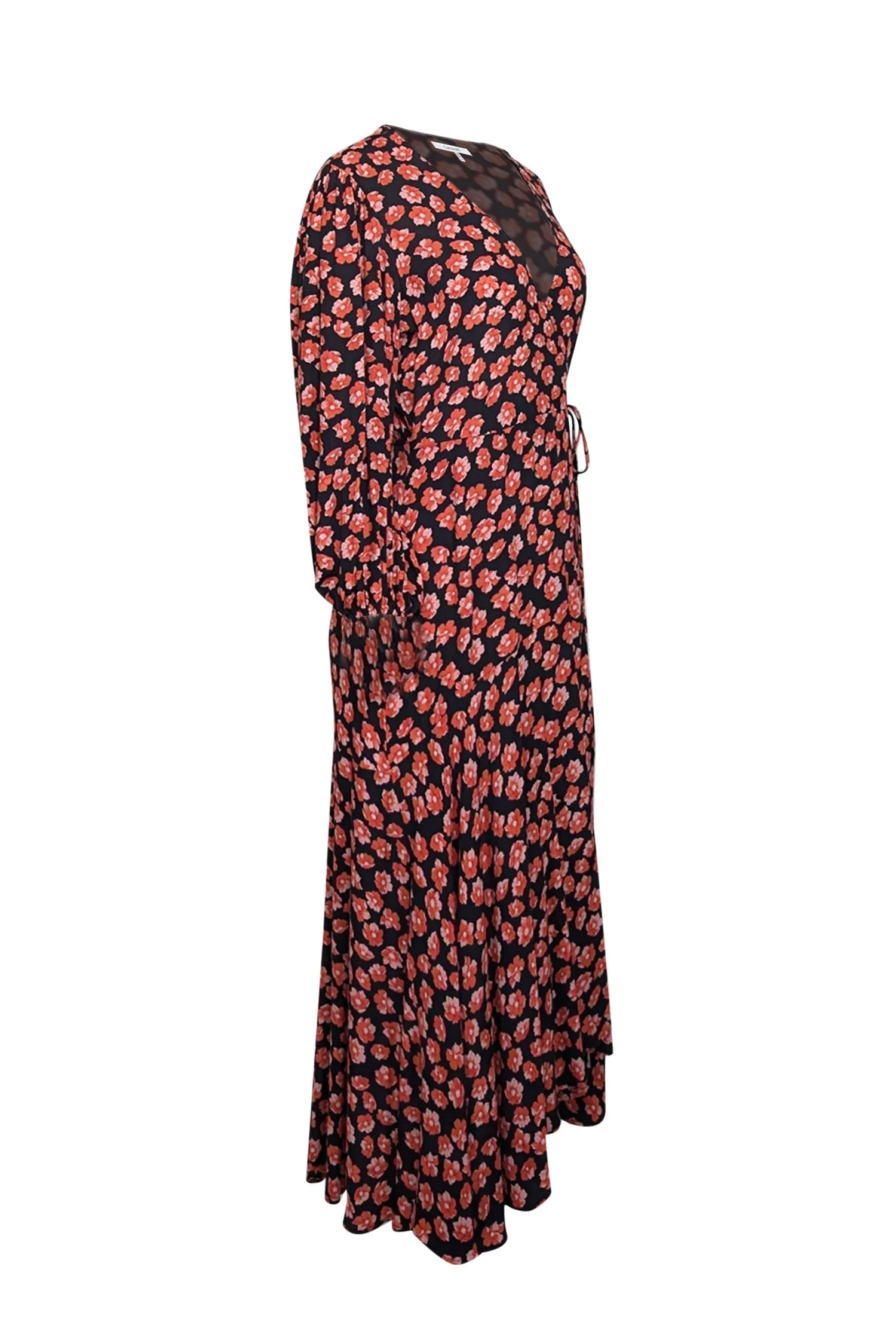 Ganni - Black w/ Pink & Orange Floral Print Maxi Wrap Dress Sz 8