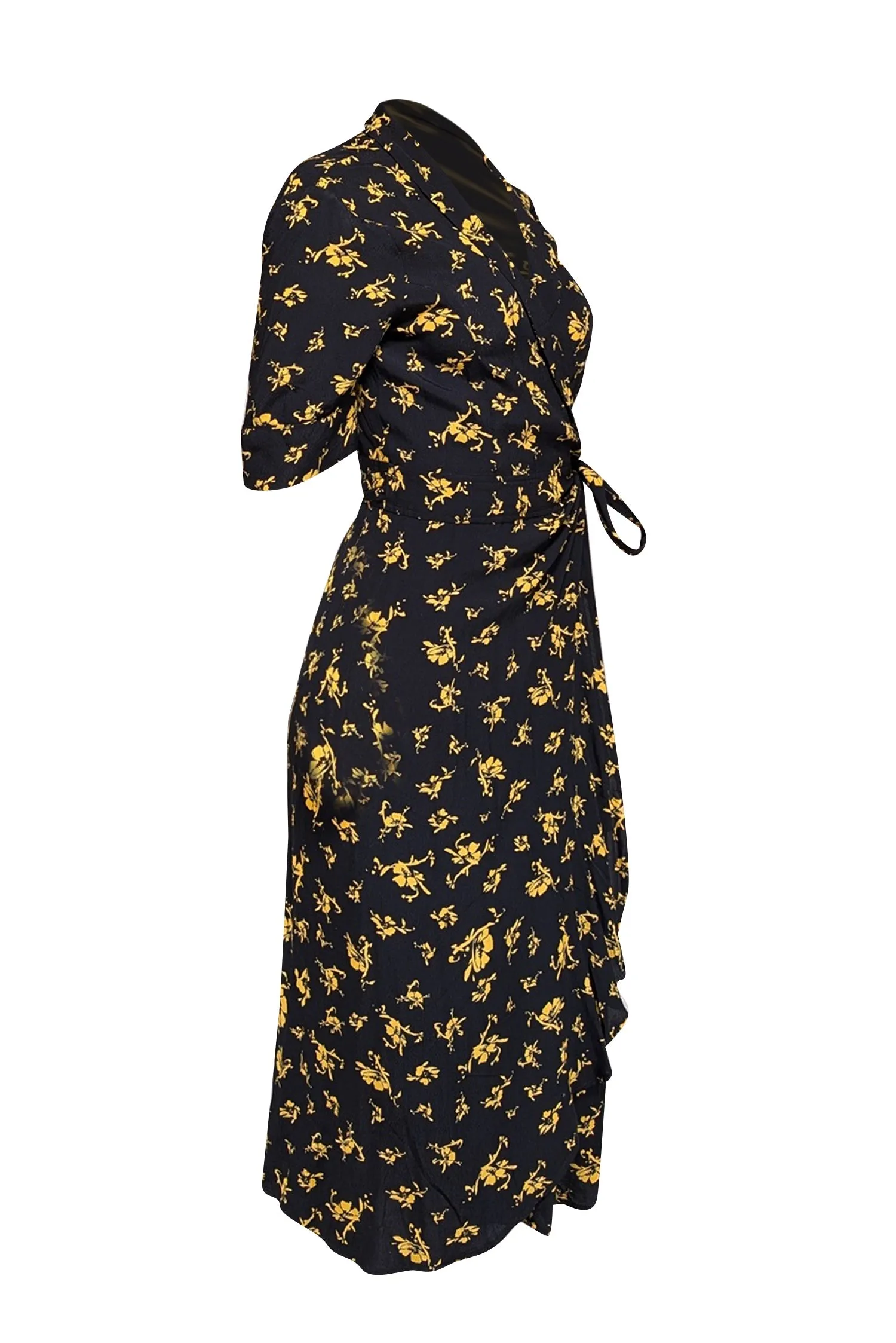 Ganni - Black w/ Yellow Floral Print Wrap Dress Sz 10