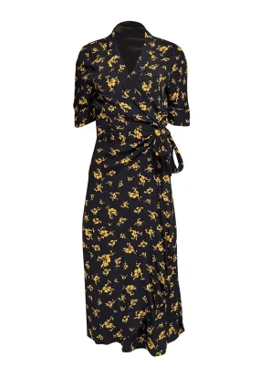 Ganni - Black w/ Yellow Floral Print Wrap Dress Sz 10