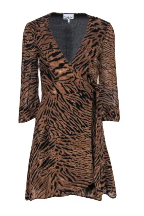 Ganni - Brown & Black Tiger Print Wrap Dress Sz 4