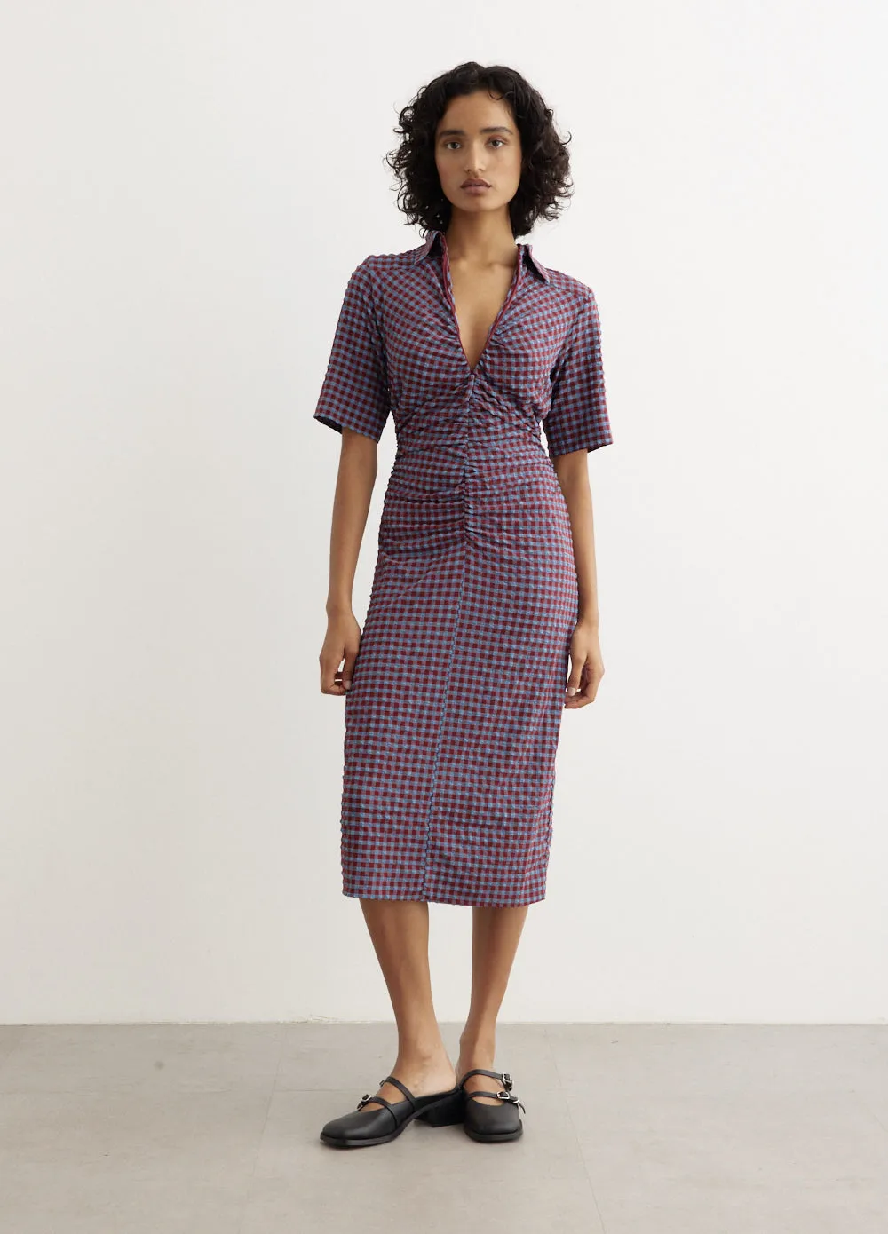 Ganni -  Stretch Seersucker Fitted Dress - Dress