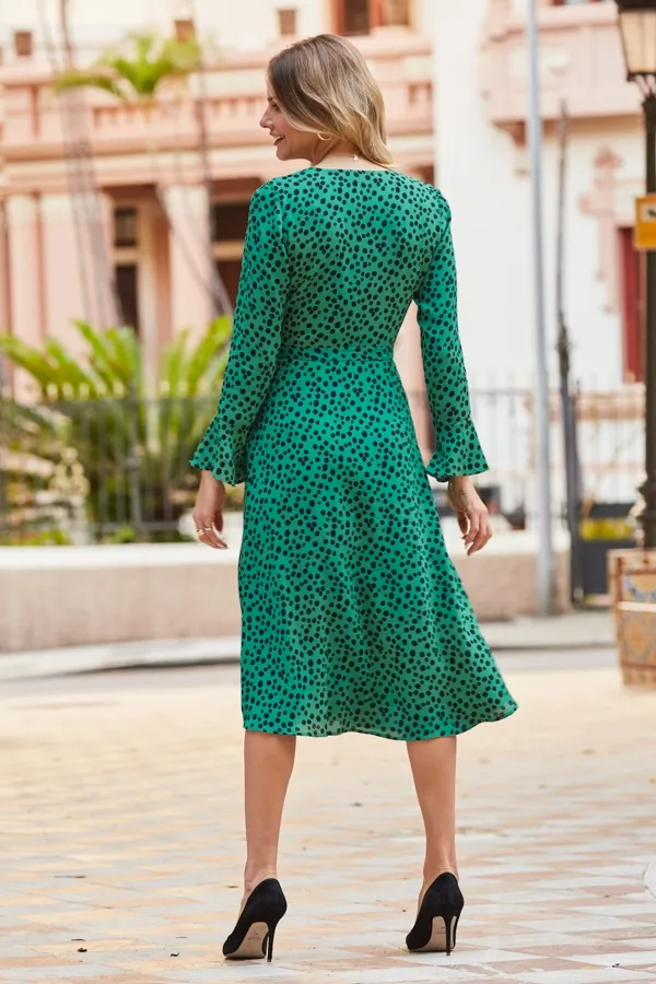 Green & Black Spot Print Fluted Cuff Faux Wrap Dress