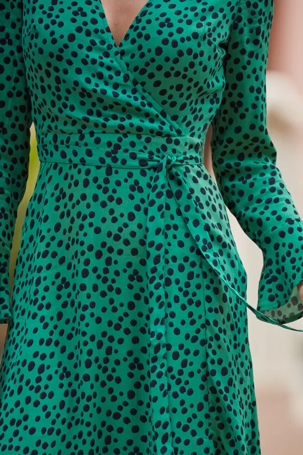 Green & Black Spot Print Fluted Cuff Faux Wrap Dress