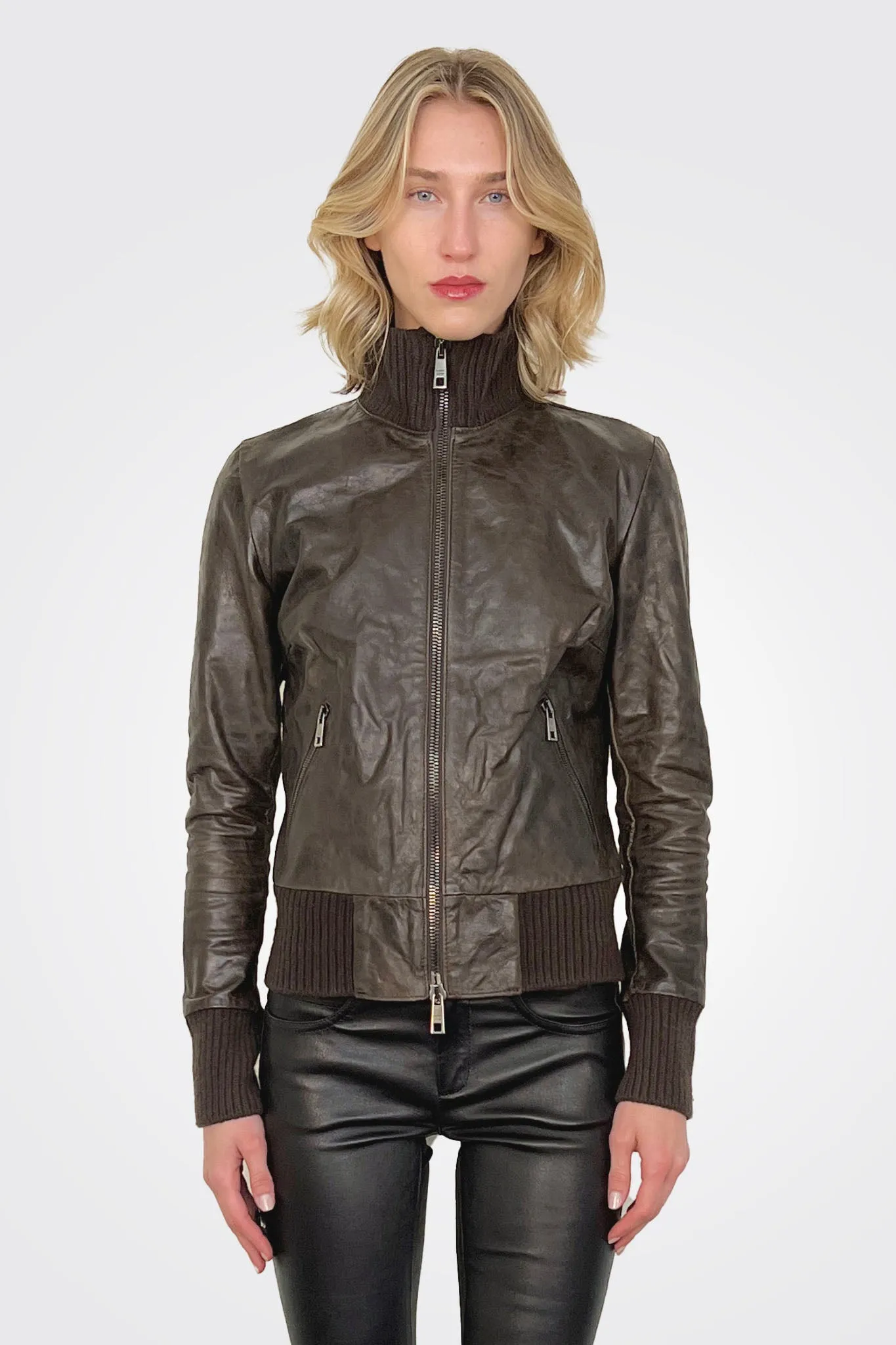 High Neck Bomber Leather Jacket - Box