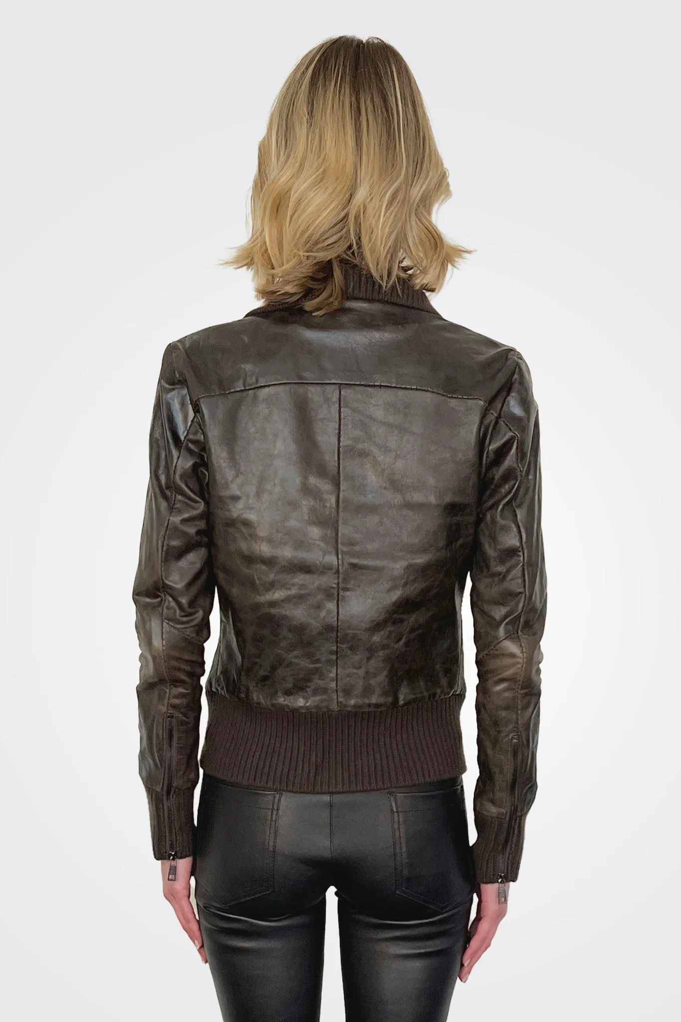 High Neck Bomber Leather Jacket - Box