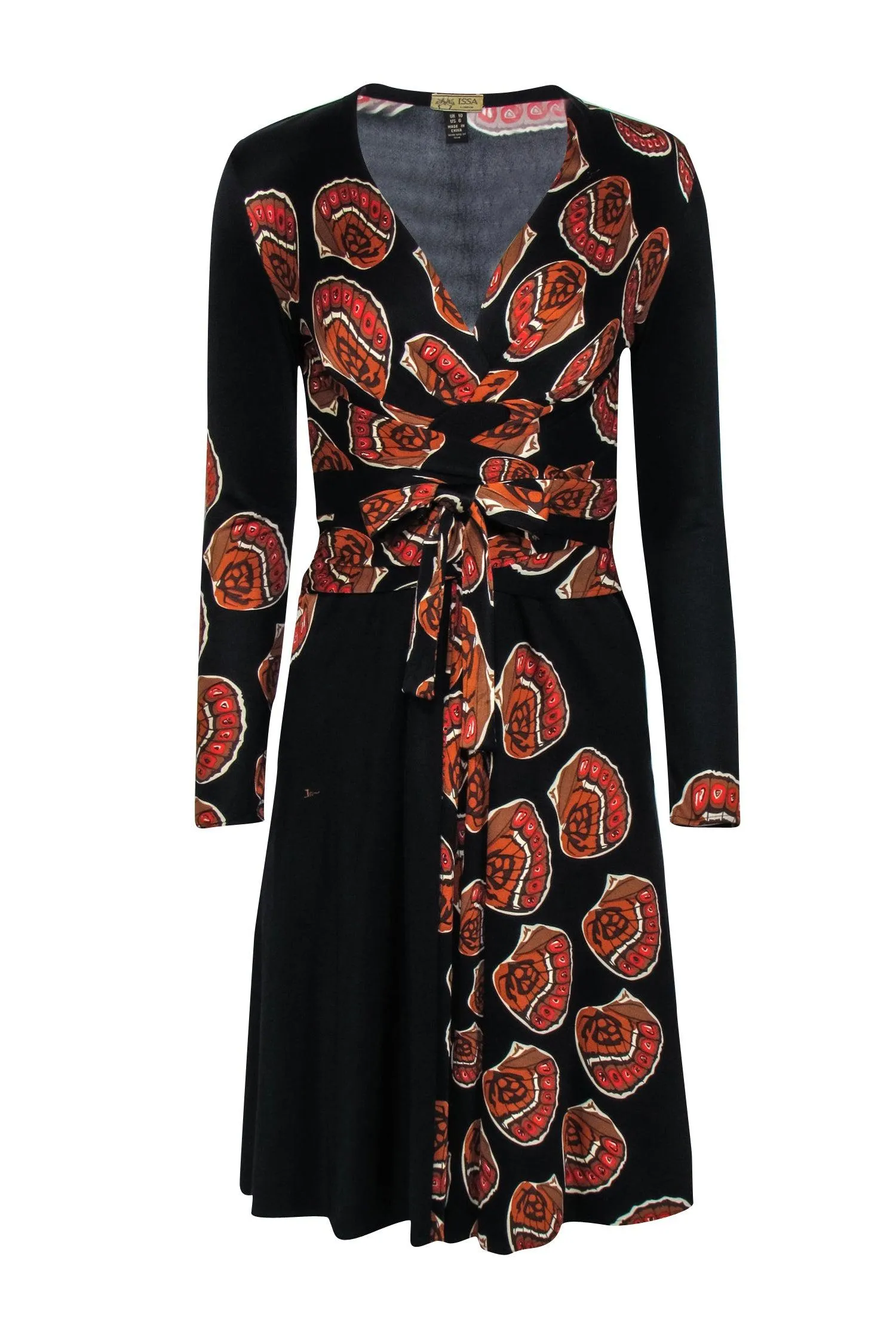 Issa London - Black & Sienna Monarch Print Silk Knee Length 'Kate' Wrap Dress Sz 6