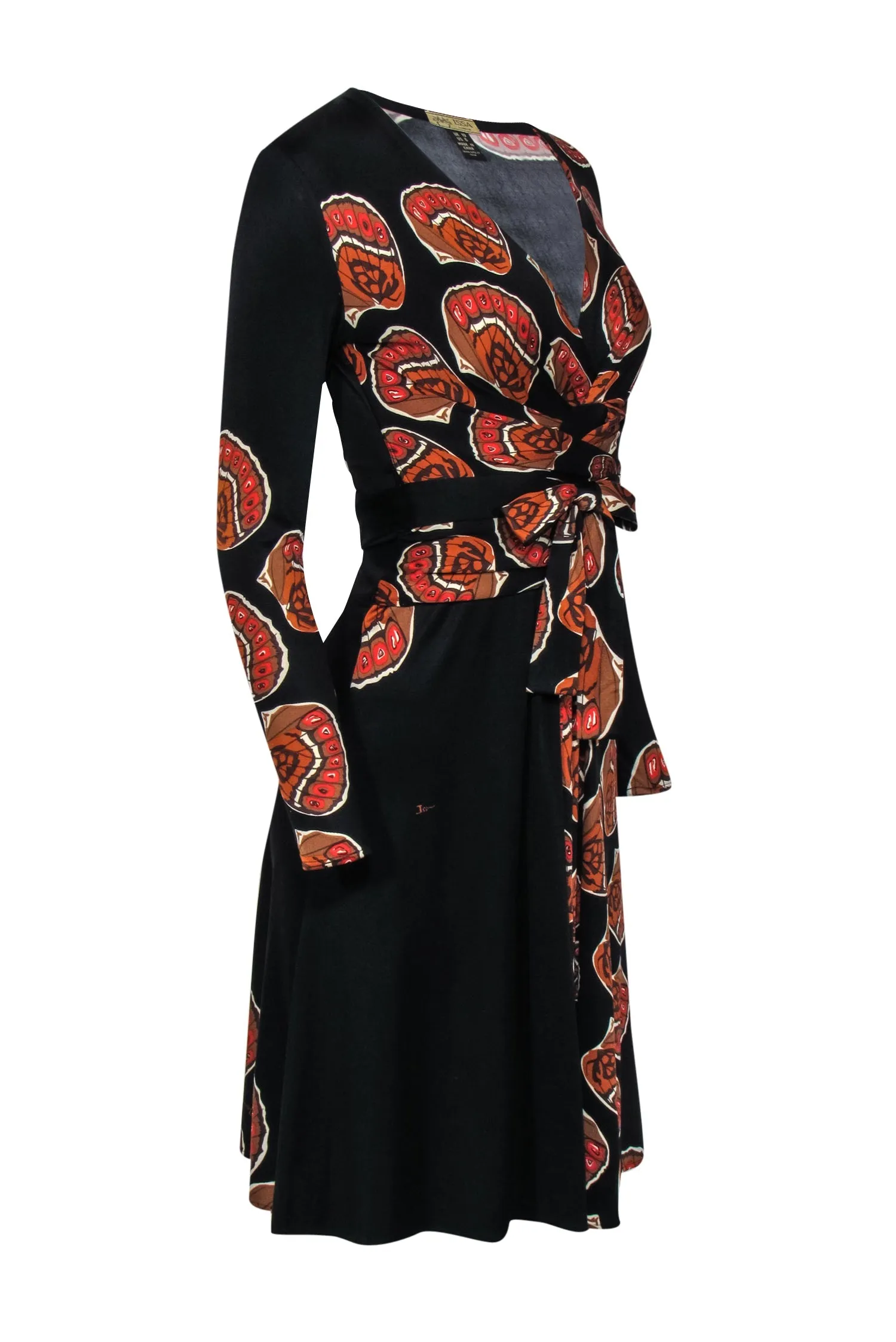 Issa London - Black & Sienna Monarch Print Silk Knee Length 'Kate' Wrap Dress Sz 6