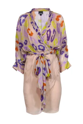 Just Cavalli - Nude Wrap Dress w/ Multi-Color Print Top Sz 2