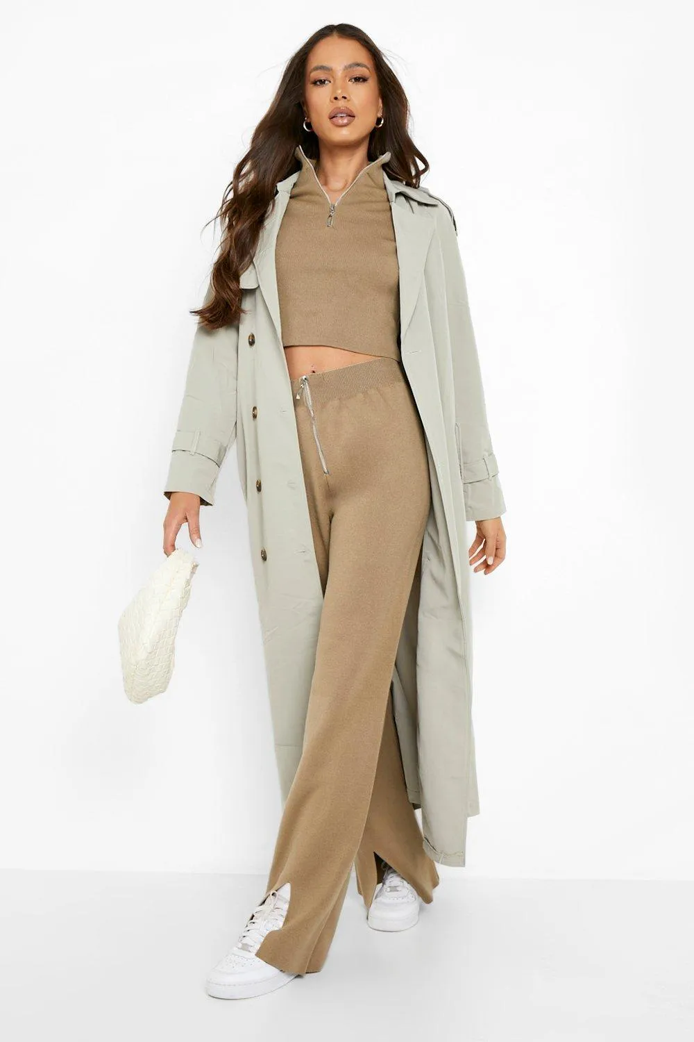 Knitted Zip Up Top & Wide Leg Pants Two-Piece