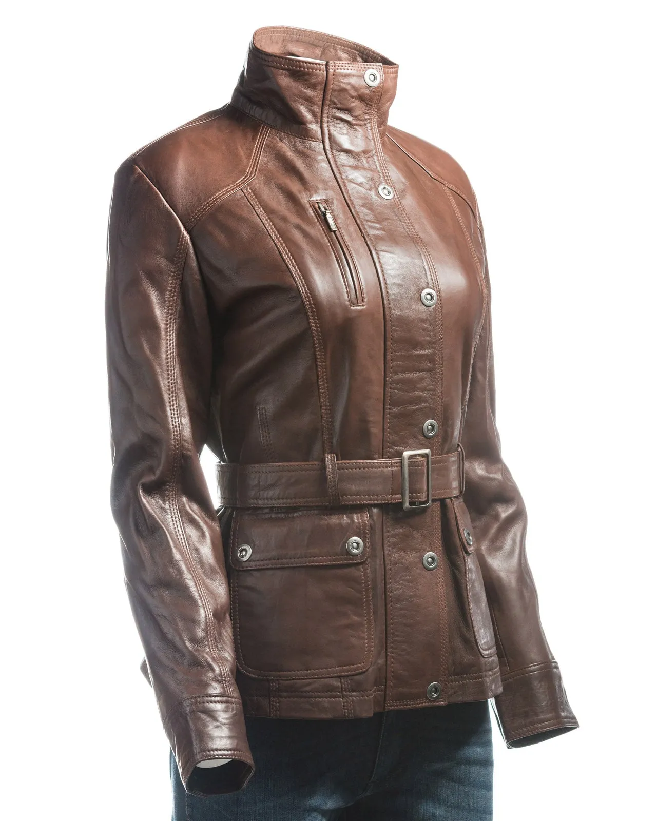 Ladies Brown Belted Funnel Neck Vintage Style Leather Jacket: Daria