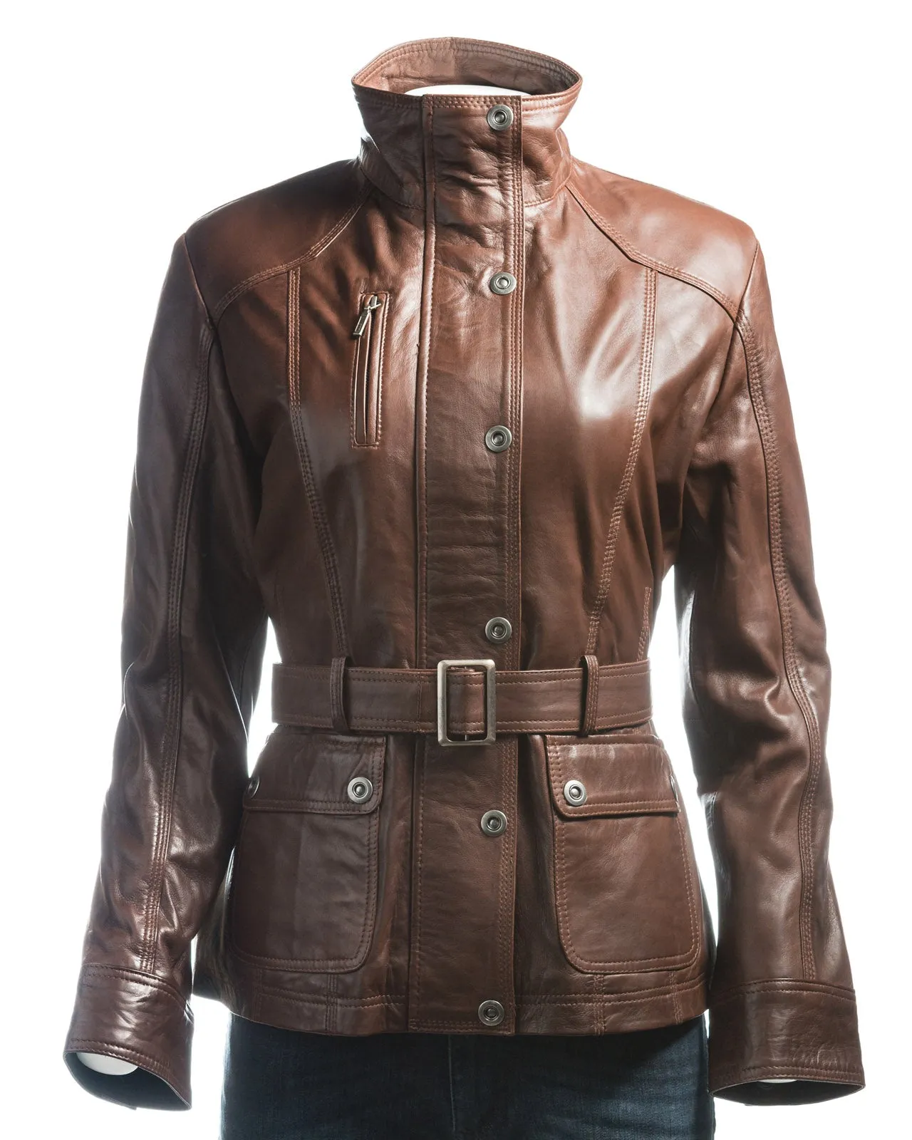 Ladies Brown Belted Funnel Neck Vintage Style Leather Jacket: Daria