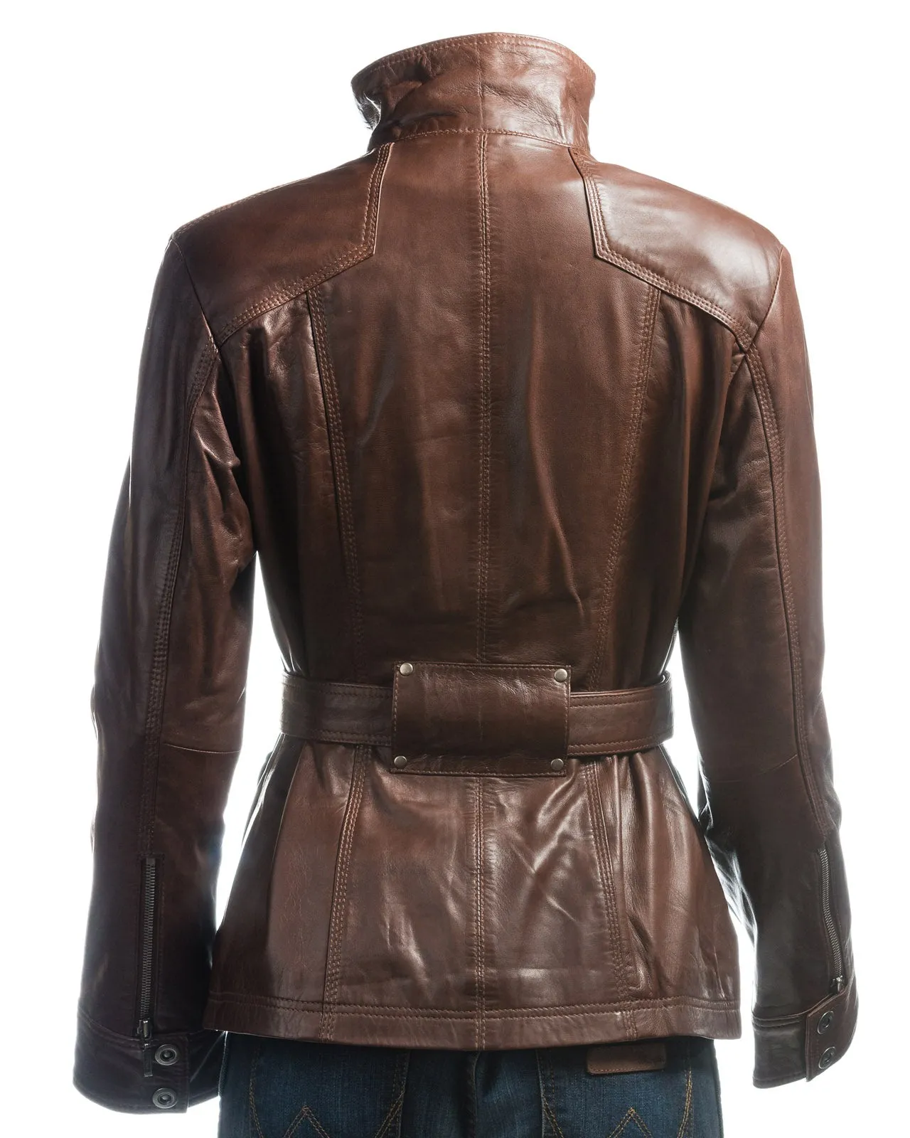 Ladies Brown Belted Funnel Neck Vintage Style Leather Jacket: Daria