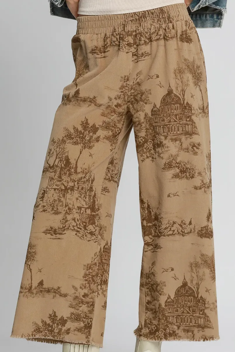 Latte Chinoiserie Washed Corduroy Wide Leg Pants