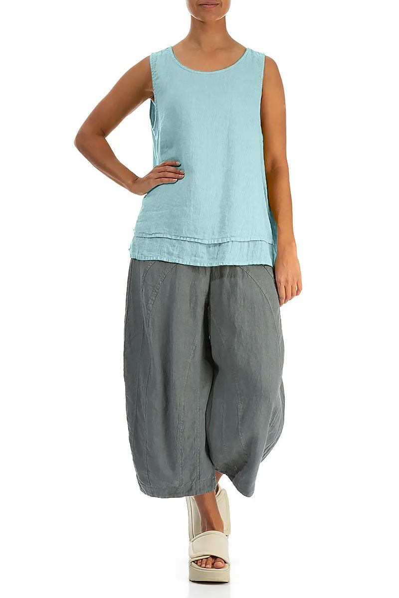 Layered Sleeveless Ice Blue Gauze Linen Top