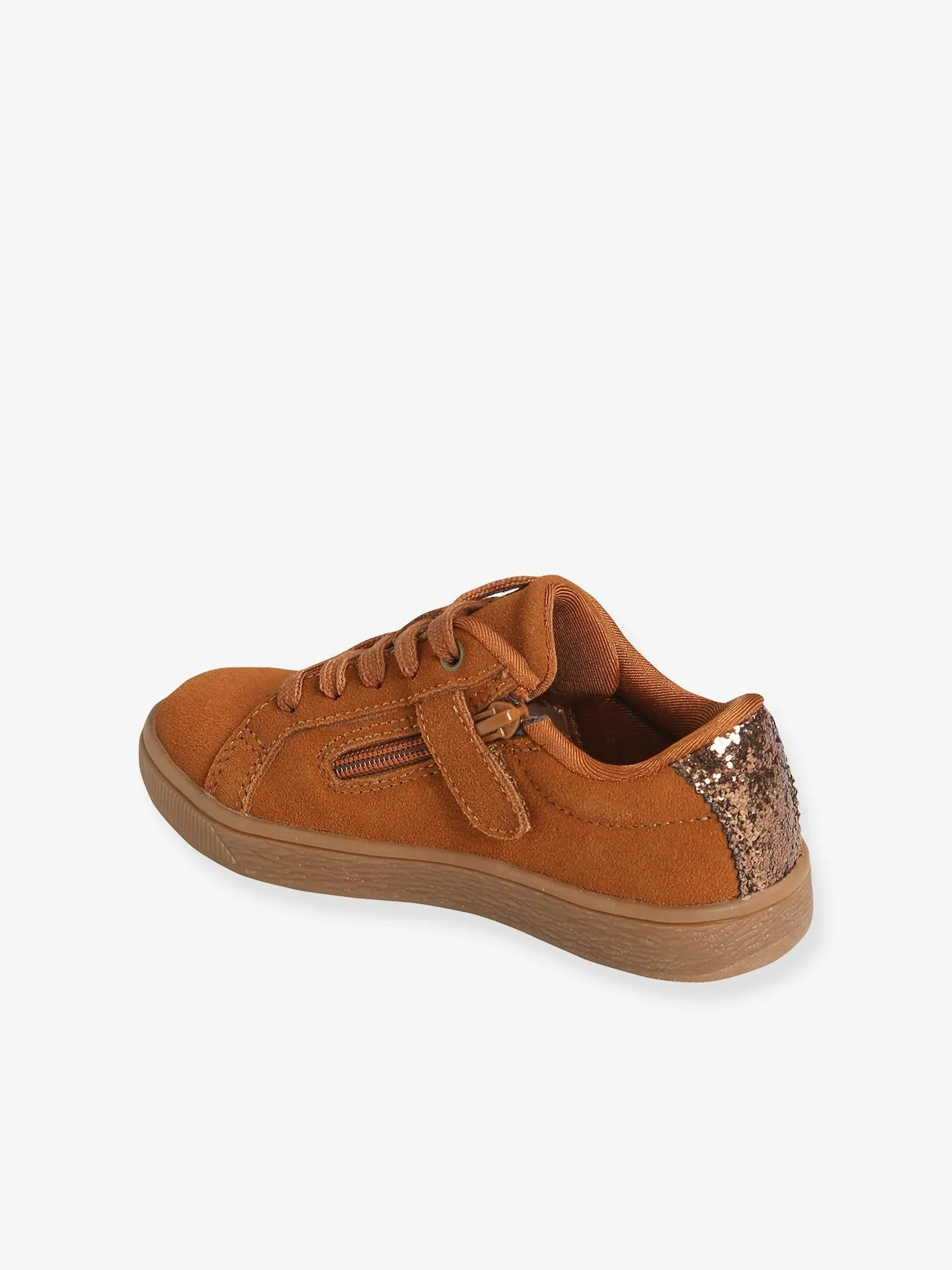 Leather Trainers with Laces & Zip, for Girls - brown