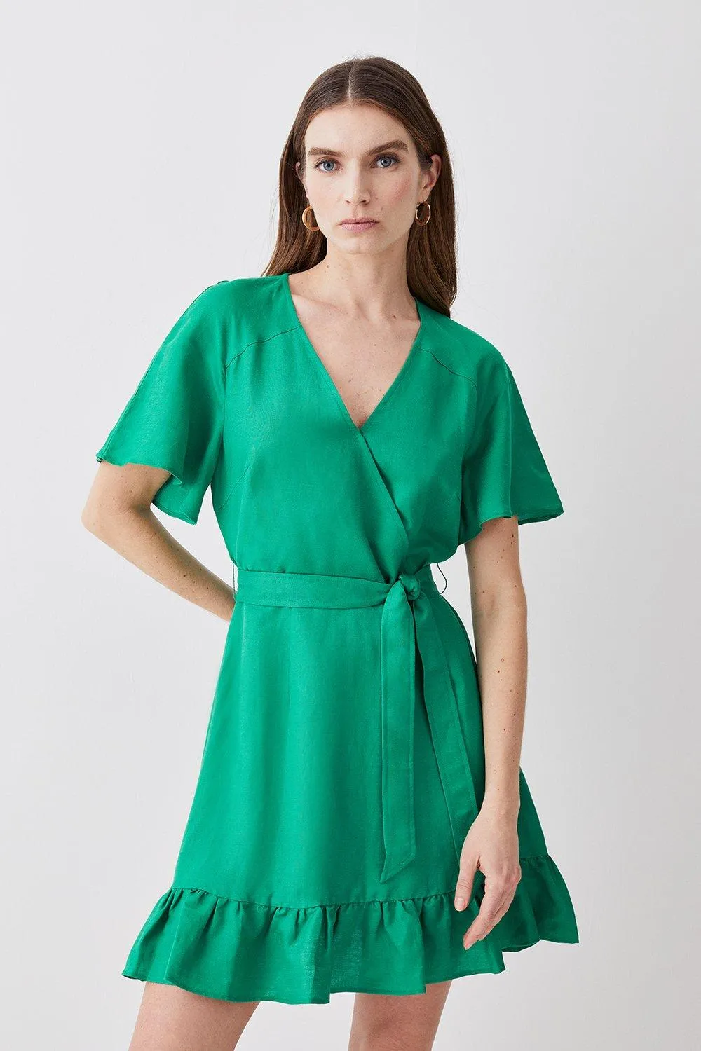 Linen Angel Sleeve Wrap Front Dress | Karen Millen