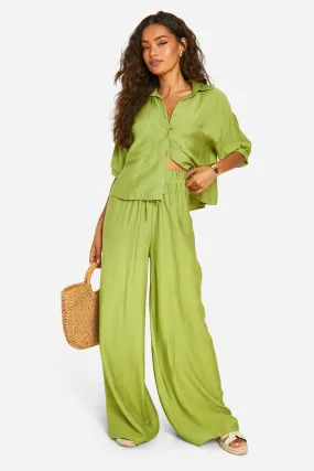 Linen Look Puff Sleeve Shirt & Wide Leg Pants