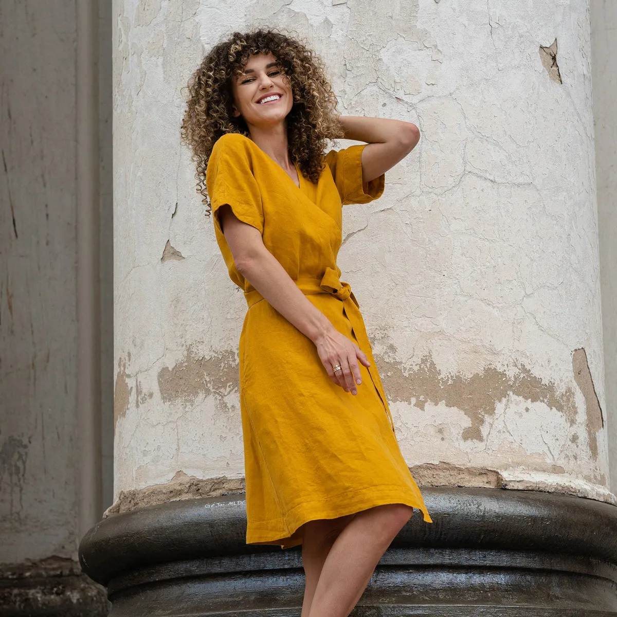 Linen Wrap Dress Eliana Spicy Yellow