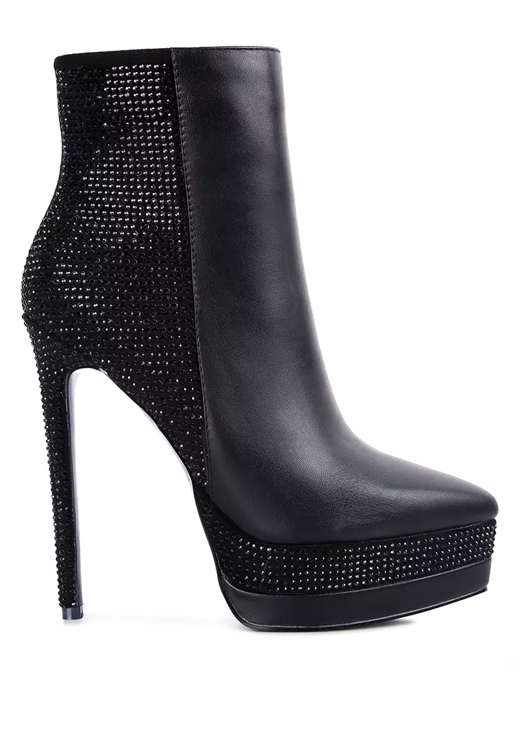 London Rag Black Diamante Set High Heeled Ankle Boot