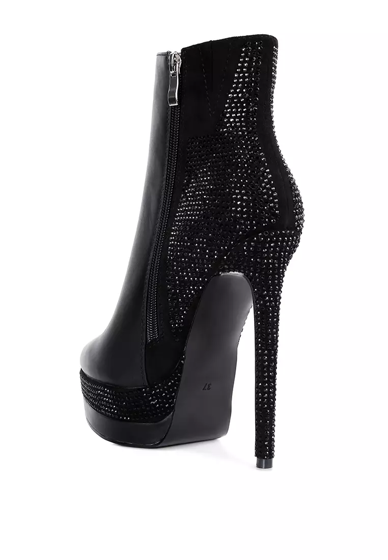 London Rag Black Diamante Set High Heeled Ankle Boot