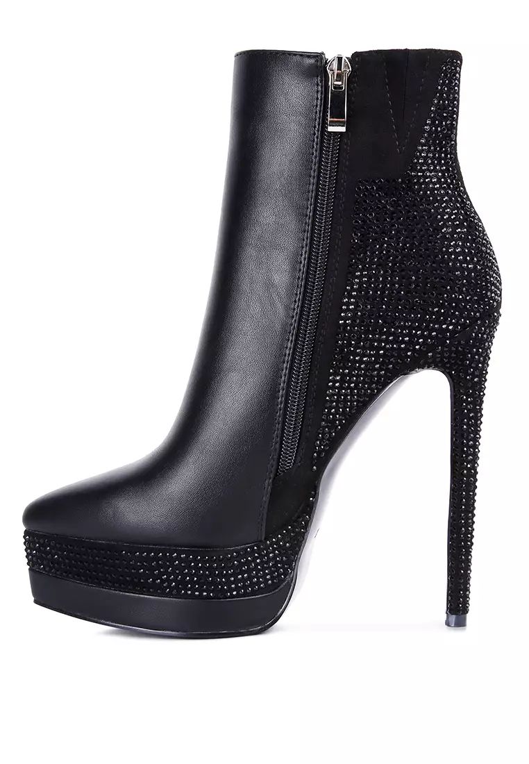 London Rag Black Diamante Set High Heeled Ankle Boot