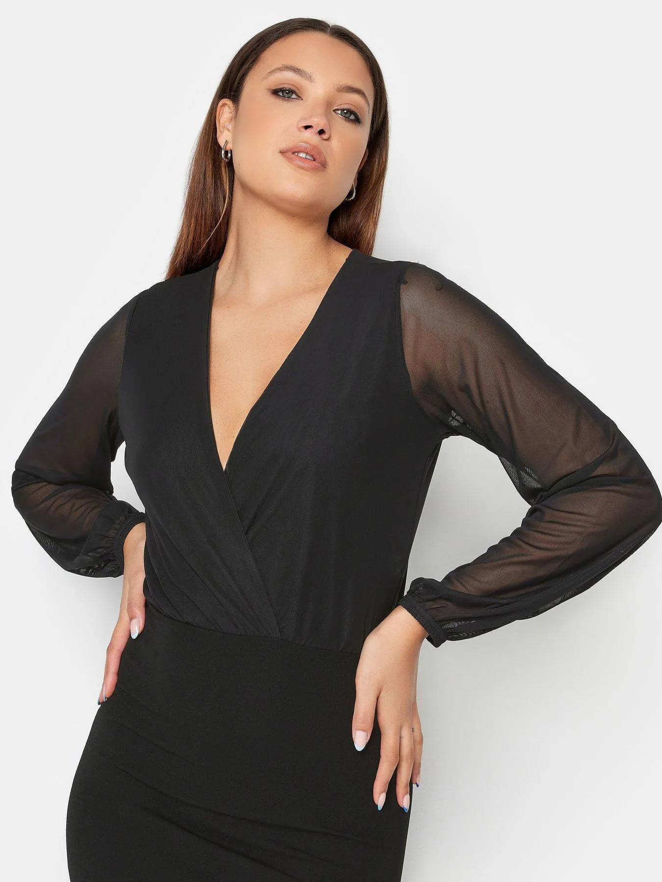 Long Tall Sally Black Mesh Sleeve Wrap Dress