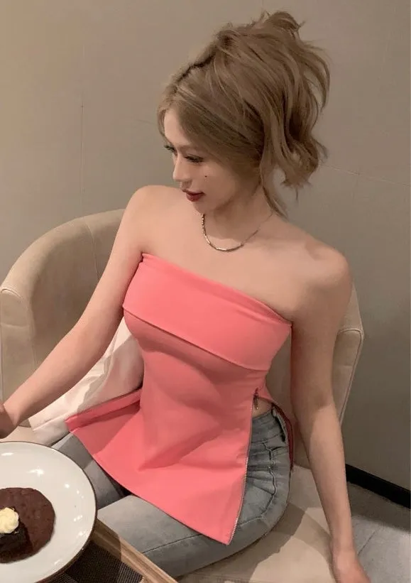 Lotti Solid Color Pink Zippered Sleeveless Bandeau Top