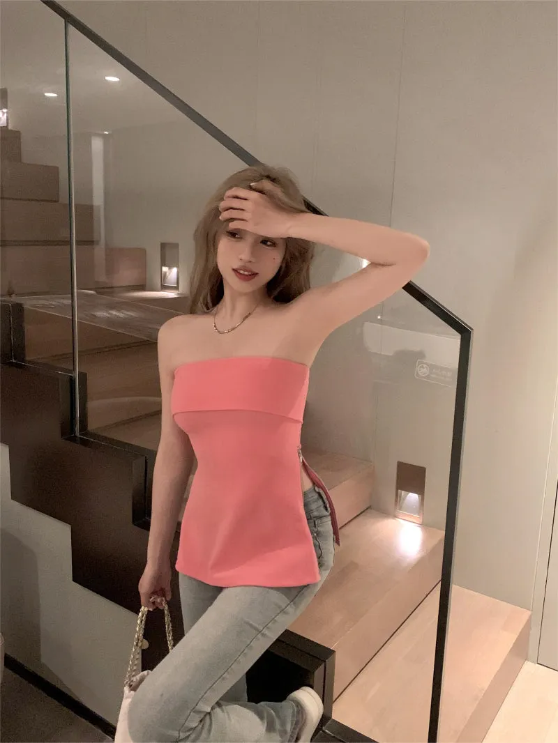 Lotti Solid Color Pink Zippered Sleeveless Bandeau Top