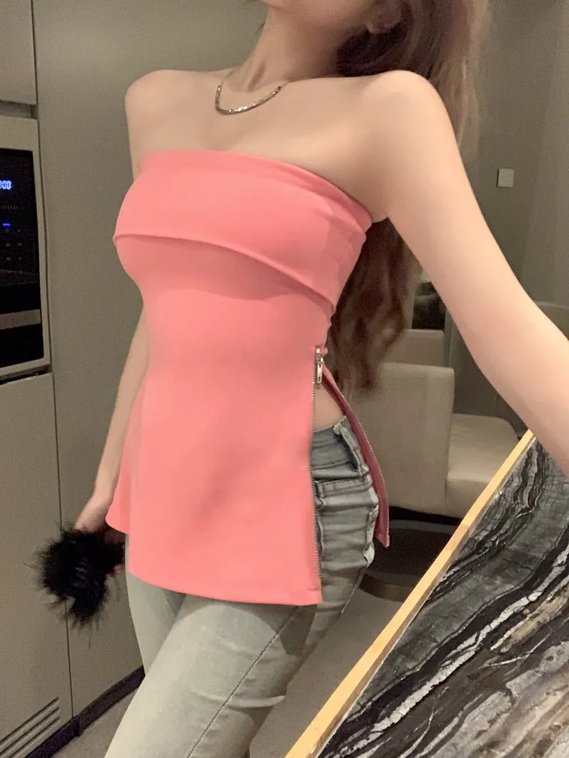 Lotti Solid Color Pink Zippered Sleeveless Bandeau Top