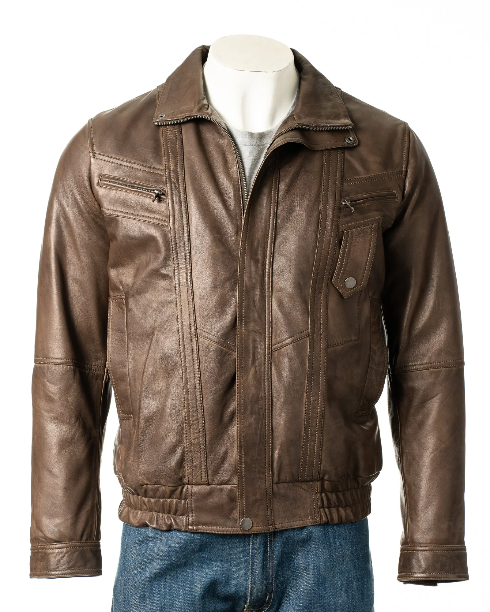 Men's Antique Brown Pocket Detail Blouson Style Leather Jacket: Tony