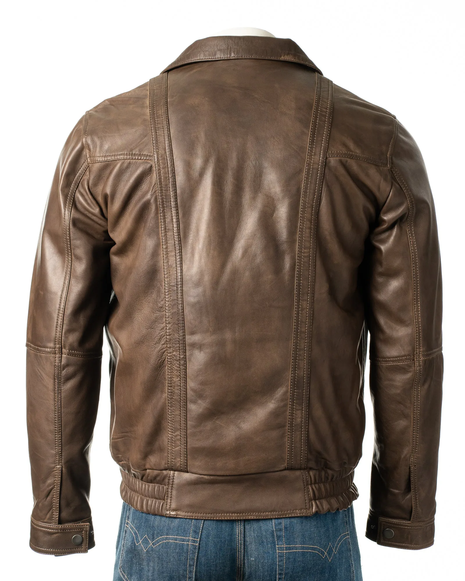 Men's Antique Brown Pocket Detail Blouson Style Leather Jacket: Tony