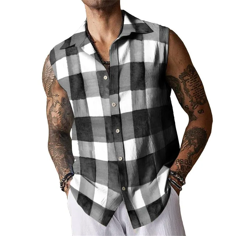 Men's Retro Casual Plaid Sleeveless Shirt Tank Top 53554773TO