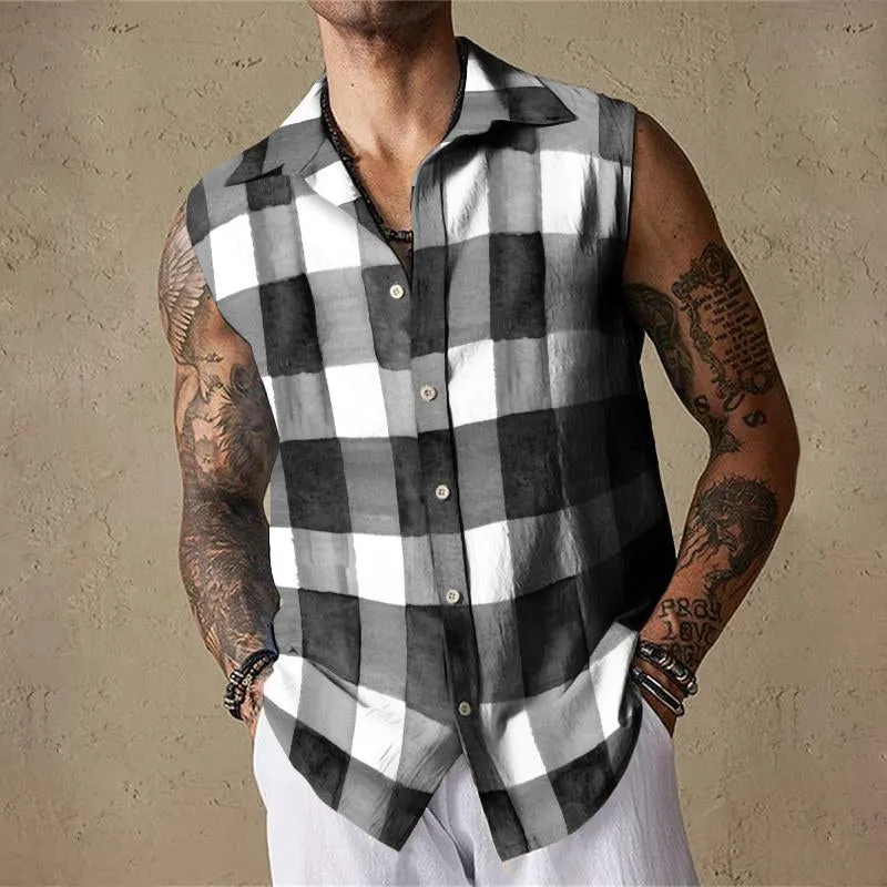 Men's Retro Casual Plaid Sleeveless Shirt Tank Top 53554773TO