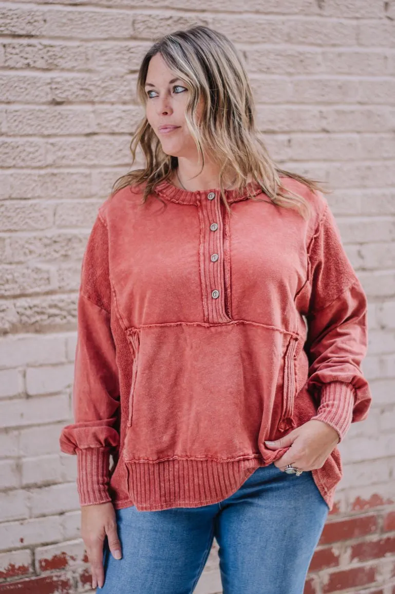 Mineral Wash Henley Pullover - Burnt Orange