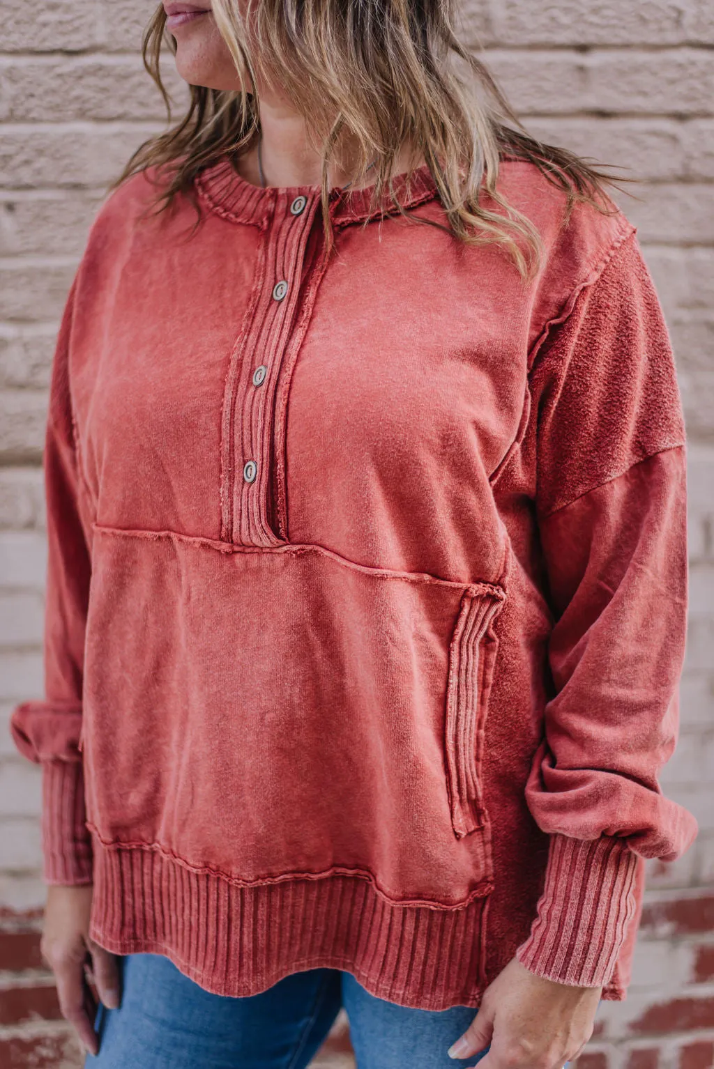 Mineral Wash Henley Pullover - Burnt Orange