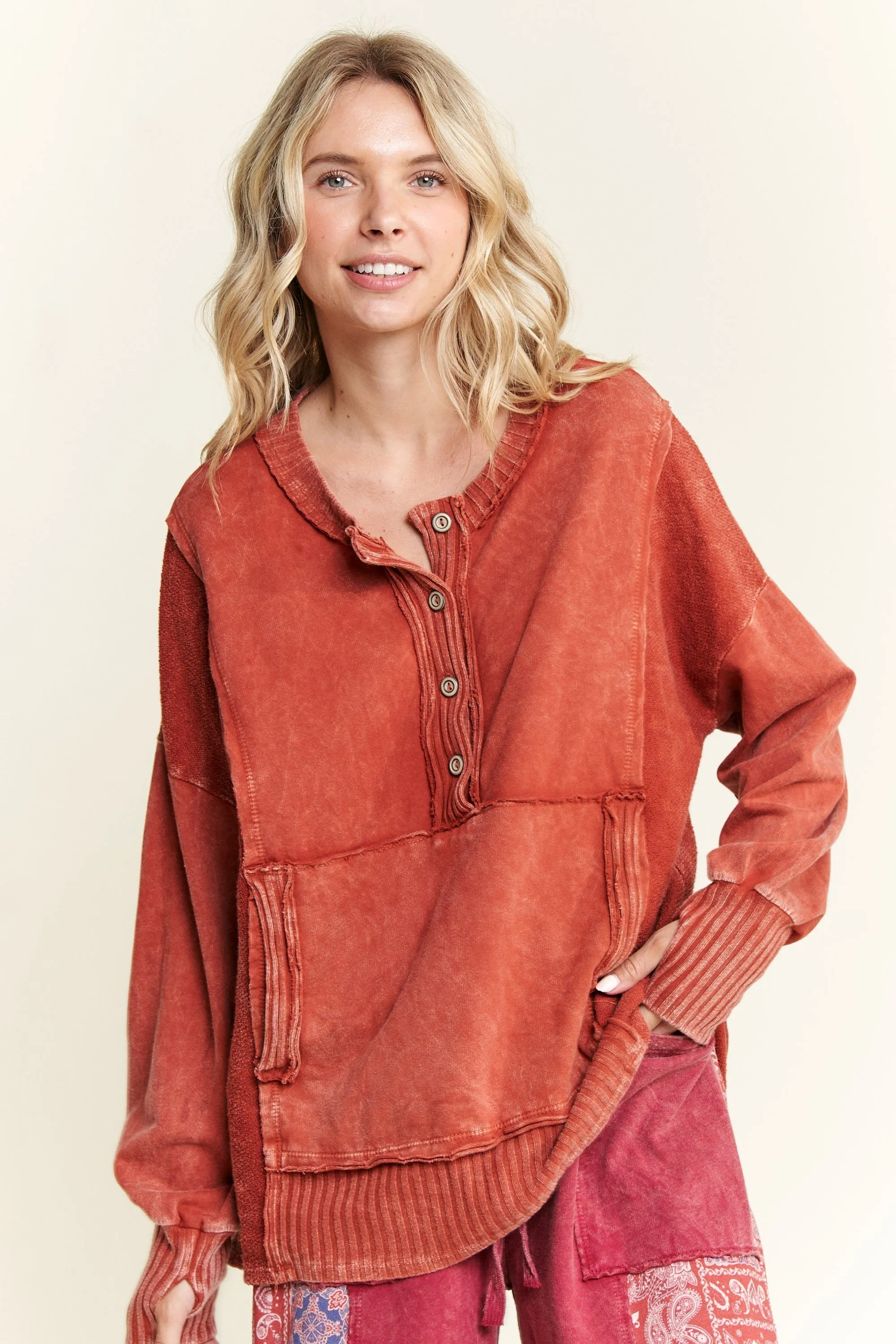 Mineral Wash Henley Pullover - Burnt Orange