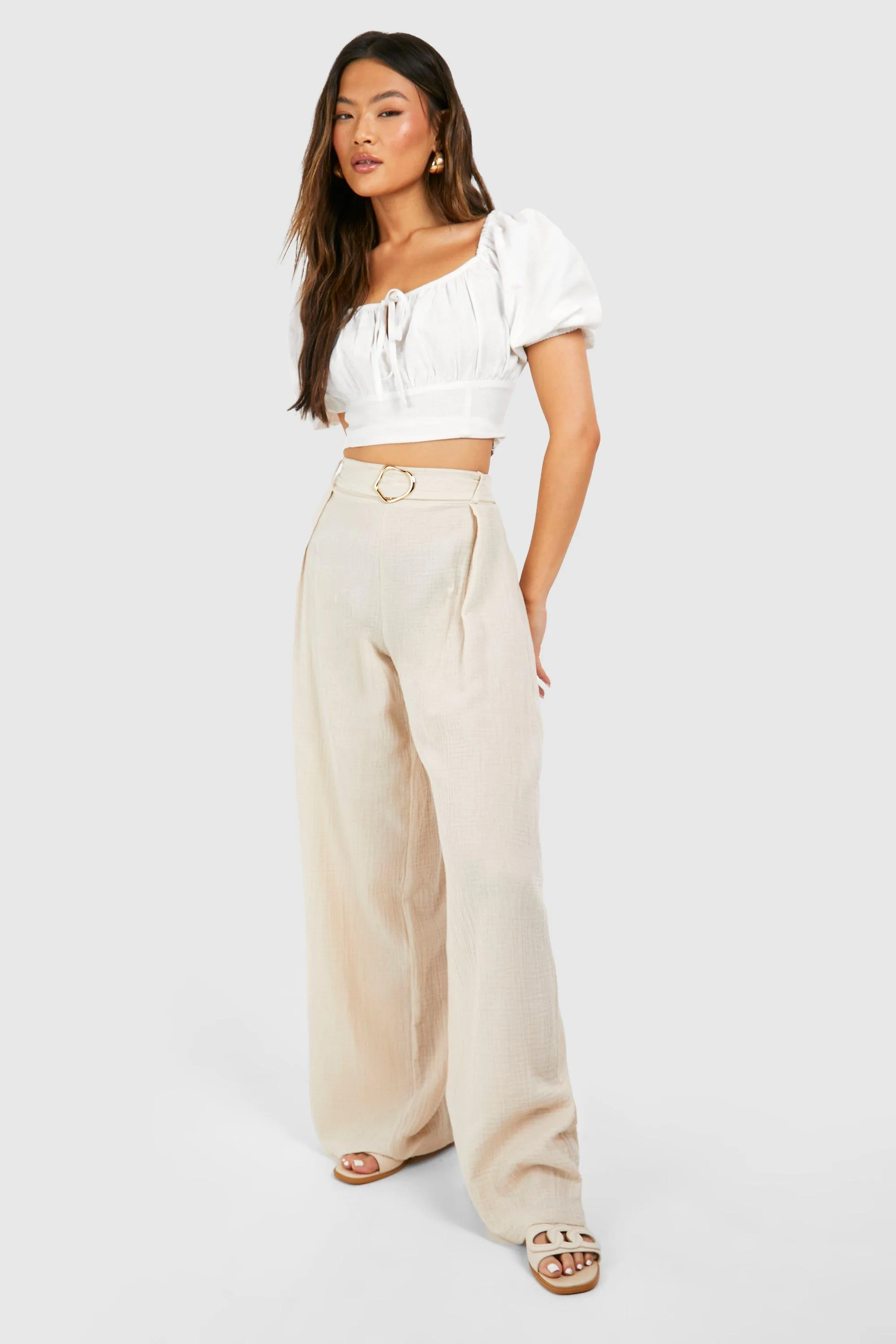 Muslin Metal Trim Belted Wide Leg Pants