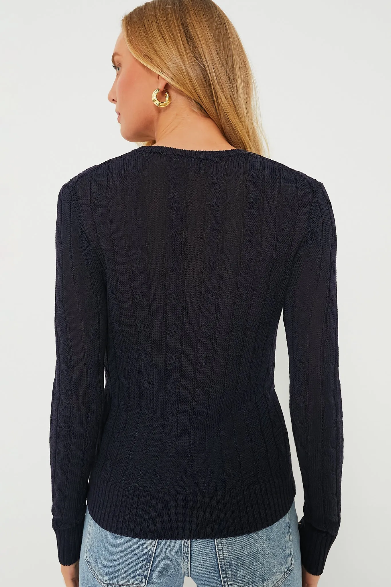 Navy Viscose Cotton Blend Long Sleeve Cableknit Pullover