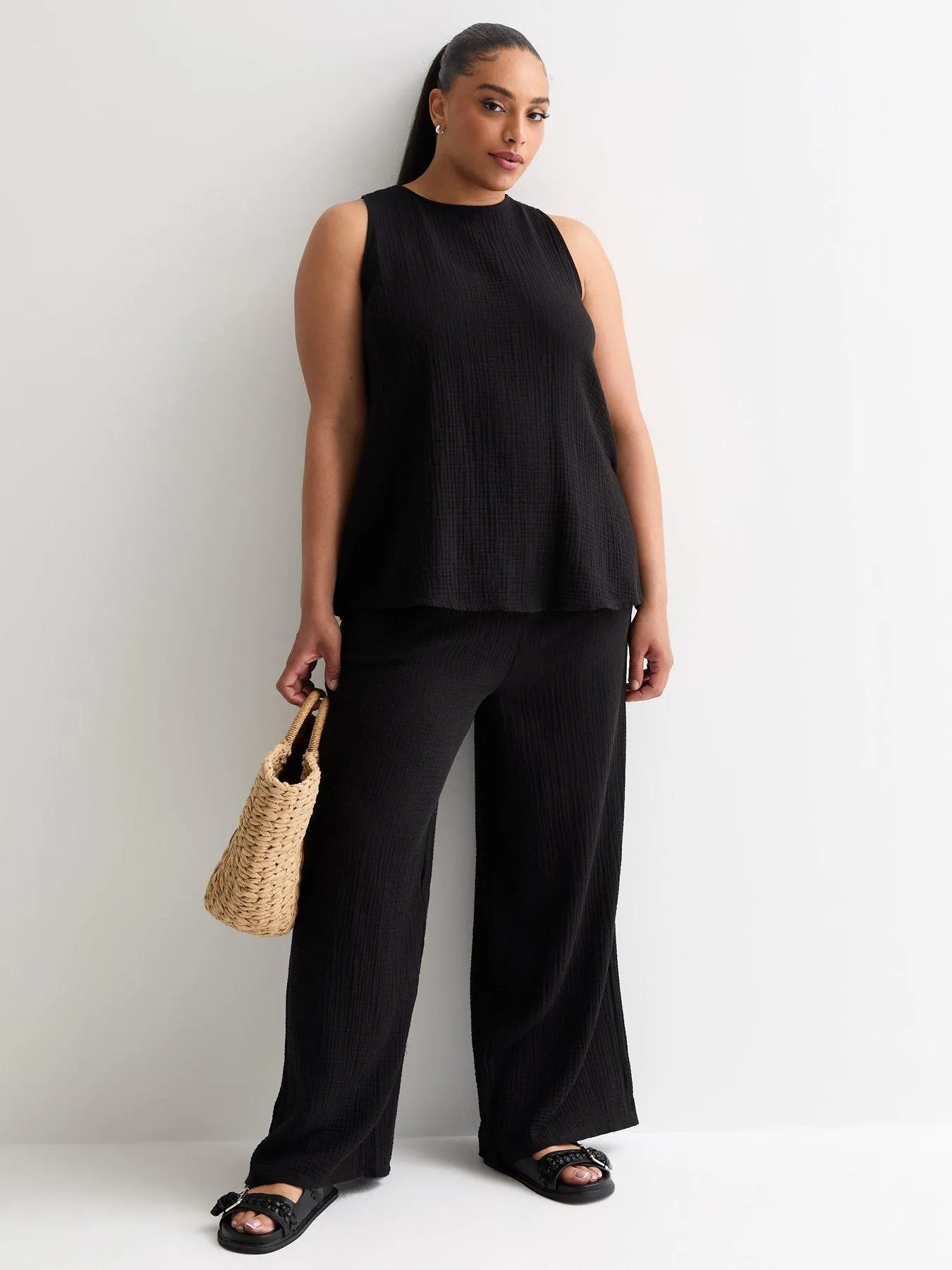 New Look Curves Black Textured Cotton Sleeveless Top