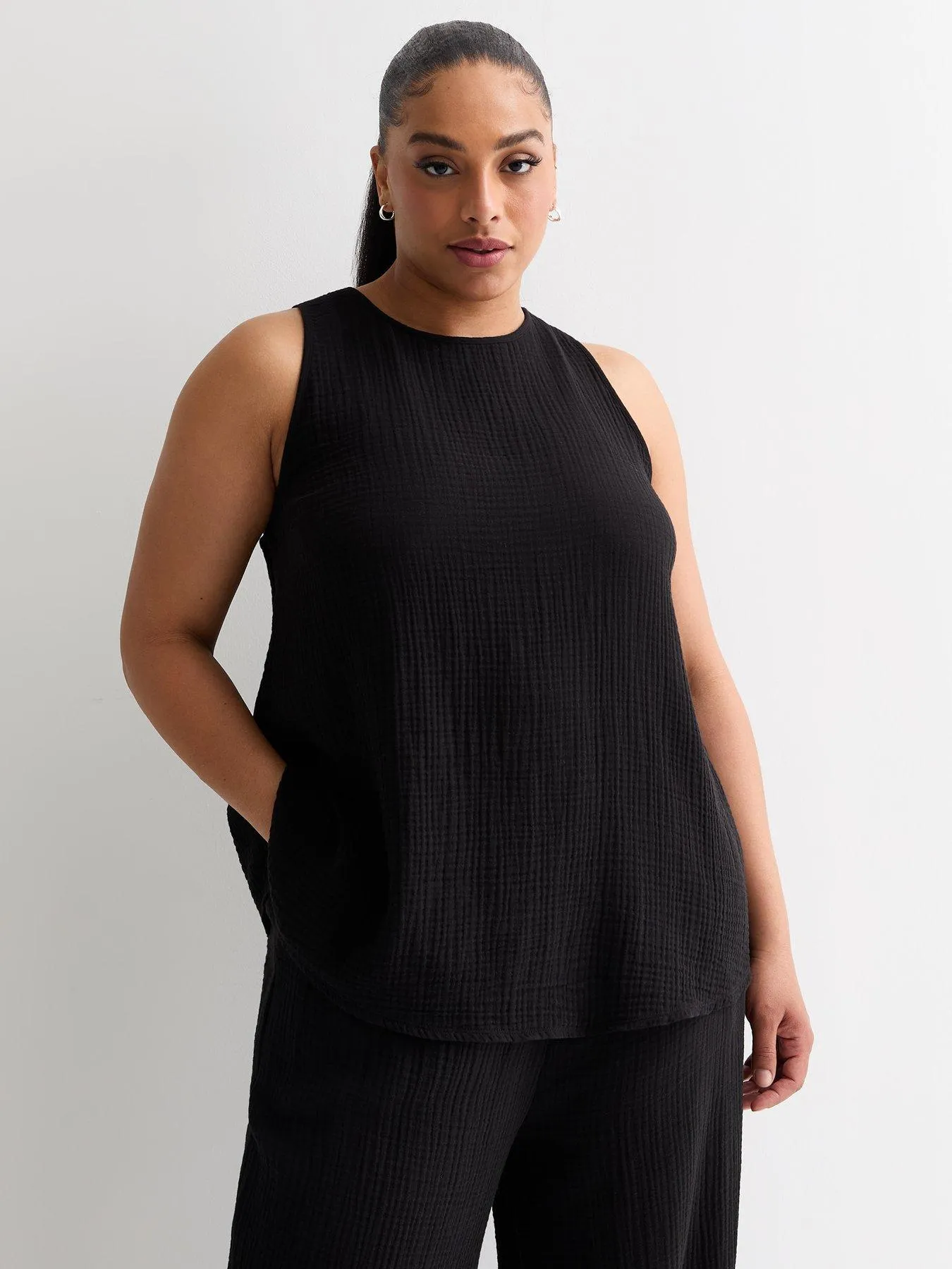 New Look Curves Black Textured Cotton Sleeveless Top