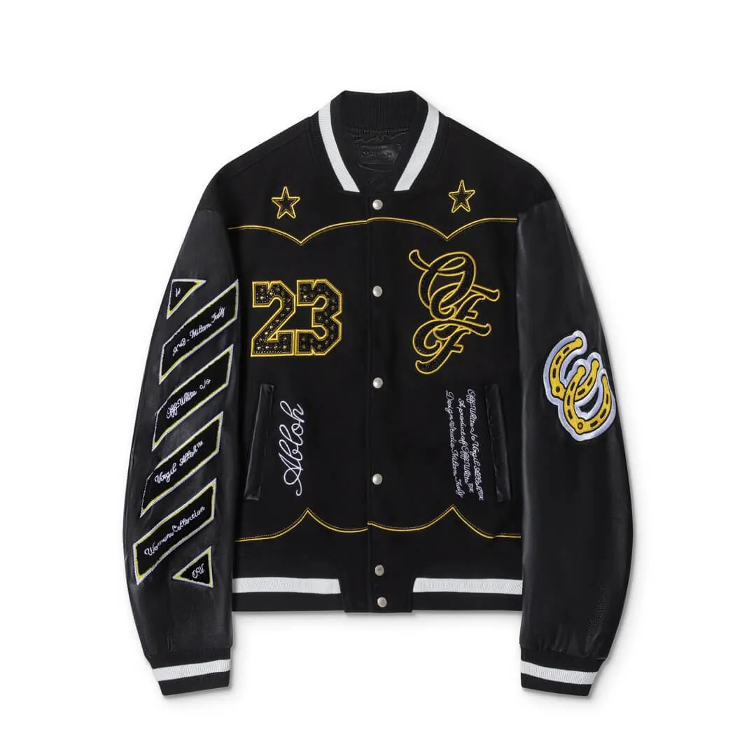 Off-White-inspired Bling Horseshoe Women Black Varsity Jacket